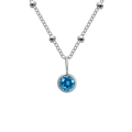 Silver bead chain necklace featuring a round blue rhinestone pendant in a minimalist style - December Lake Blue - Silver