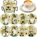 DIY diamond painting coaster set with 8 bee and gnome patterns and black metal holder - Bee Sunflower Gnome Style (BD997)