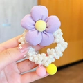 Cute purple flower hair tie for girls with white faux pearls and macaron colored pendants - Purple Pearl Flower