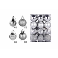 Detail of silver Christmas ball set featuring mirror, glitter, striped and matte finishes - Silver