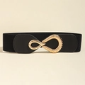 Elastic black waist belt for women with golden figure-eight buckle and faux leather detail - 19268 Black-Twisted Infinity Buckle