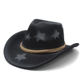 Western cowboy hat in black with grey star prints and a brown braided decorative band - Black (Star Spray)