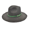 Detail of black straw fedora hat featuring green leather band and frayed brim edge - M (56-58cm) / Black