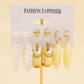 6-pair set of gold earrings featuring pearl studs, resin hoops and leaf designs - Leaf Pearl Heart Gold (05)