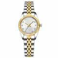 Luxury quartz couple watch featuring a two-tone gold-silver steel strap and rhinestone dial - Women's White Dial