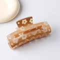 Brown floral acetate hair claw clip with white flower pattern and strong grip for women - Brown