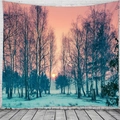 Winter forest sunset wall tapestry with pink sky and birch trees for dormitory decor - Pink Sunset Winter Landscape