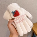 White winter knitted gloves with red strawberry decor and touch screen fingertips - Strawberry / White