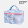 Quilted blue checkered makeup bag with pink bow pattern and top handle, size 23x15x15cm - Light Blue Barrel Bag
