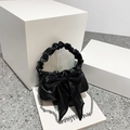 Black pleated bow handbag with silver chain strap in a trendy vintage cloud style - Black