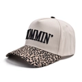 Cream baseball cap with leopard print brim and black MOMMIN embroidery detail - Small Leopard Print