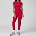 Women's red slim-fit yoga set with high-stretch short sleeve top and leggings - S / Short Sleeve + Leggings / Raspberry Red