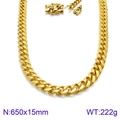 Golden 15mm thick Cuban link chain necklace with secure double buckle clasp, 650mm length - Gold Cuban Link Necklace Lobster Clasp 650x15mm(KN93840-Z)