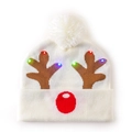 Off-white knitted Christmas hat with reindeer antlers and colorful LED lights - White Antler Christmas Hat