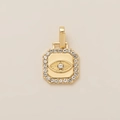 Detalle del colgante casa de hongo en oro de 18K con diseño de ojo turco y cristales - Colgante de Ojo