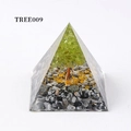 Green crystal tree of life resin pyramid with black stones and gold leaf foil chips - Tree009