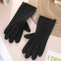 Women's black thermal touchscreen gloves with khaki faux fur cuffs and bow detail - One Size / Women's Edge Trim Black