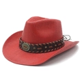 Cappello da cowboy in paglia rossa a tesa larga con fascia decorativa vintage - M（56-58cm） / Rosso