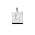 Polished silver square pendant with pearl white inlay featuring uppercase letter L - Steel L