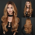 Long wavy wig in light brown with golden highlights shown in front side and back views - Light Brown Gradient Gold