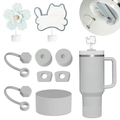 Light blue-grey silicone accessory set for Stanley cup with flower straw covers and boot - Blue-Gray Cat & Flower Set