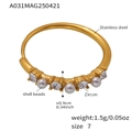 Detail view of gold stainless steel ring with shell pearl and zircon, size 7, 1.5g - A031-Gold White Zirconia Shell Pearl