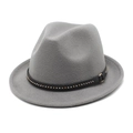 Detailed macro view of the grey wool felt fedora with gold and silver studded band - M (56-58cm) / Light Gray