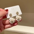 Vintage camellia flower earrings with cream enamel petals and faux pearl accents - White Flower Earrings with Silver Needle