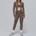Three-piece taupe heathered yoga set with zip jacket, sports bra, and high-waist leggings - S / Top And Bottom / Rock Brown