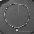 Elegant dark grey pearl necklace with square crystal pendant and 39cm adjustable chain - Necklace #103 - Gray - Pearls 4-6mm