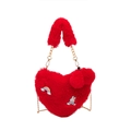 Red heart-shaped fluffy plush handbag with cartoon rabbit and gold chain strap - Red