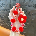 Handmade cute red yarn flower and plush pom-pom beaded phone chain bag charm accessory - Red