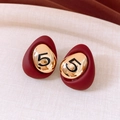 Vintage style red matte stud earrings with gold center and number 5 engraving - 87# Silver Pin-Gold-Red