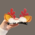 Christmas reindeer antler hair clips with red glitter, brown felt leaves and white pom-pom - Red Antler White Pom Pom