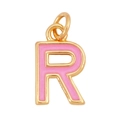 Golden pendant with pink enamel letter R featuring a polished metal border and bail - Pink - Letter R