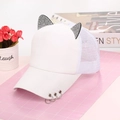 Detail of white baseball cap featuring rhinestone cat ears and metal rings on the brim - Adult, Adjustable / Mesh White
