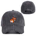 Graue Cord-Baseballkappe mit süßer Corgi-Stickerei und verstellbarem Riemen am Hinterkopf - Verstellbar / Grau