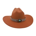 Vintage western cowboy hat in deep camel wool felt with bohemian turquoise buckle band - Large Brim Oval Blue Stone / Khaki