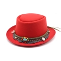 Detail of red wool pork pie hat with bohemian turquoise bead band and fringe tassel - M (56-58cm) / Red