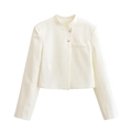 Minimalist cream white short jacket with stand collar and button detail for women - XS / White