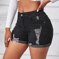 High waist ripped denim shorts in black finish with frayed edges and slim fit cut - S / Black