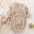 Baby Strampler Set mit Blumenmuster und Sonnenhut aus Baumwolle in Beige und Rosa - 90cm / Beige Blumig