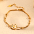 Double-layered gold snake chain bracelet with heart pendant and metallic beads - Gold Heart Double Layer Bracelet (I114)