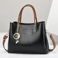 Black PU leather tote bag with brown straps and star moon pearl pendant accessory - Black