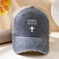 Vintage graublaue Trucker-Kappe aus gewaschenem Denim mit religiöser Stickerei und Netz - Grau (Jesus Is Coming Back)