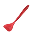 Silicone pet food can lid with long red plastic serving spoon in clean white background - Red Spoon