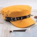Chic yellow faux leather beret hat with black buckle strap and punk metal spikes - Punk Studded Flat Top / Yellow