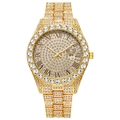 Gold iced-out hiphop watch for men with Roman numerals and diamond-encrusted steel band - Gold Roman Numerals