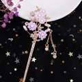 Elegant purple flower hair stick with metal tassels and pearls on black star fabric - Metal Purple Flower Rhinestone Pearl Tassel (FZ045)