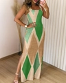 Macro detail of the side slit and green argyle pattern on a linen-blend summer dress - S / Green Patchwork Khaki